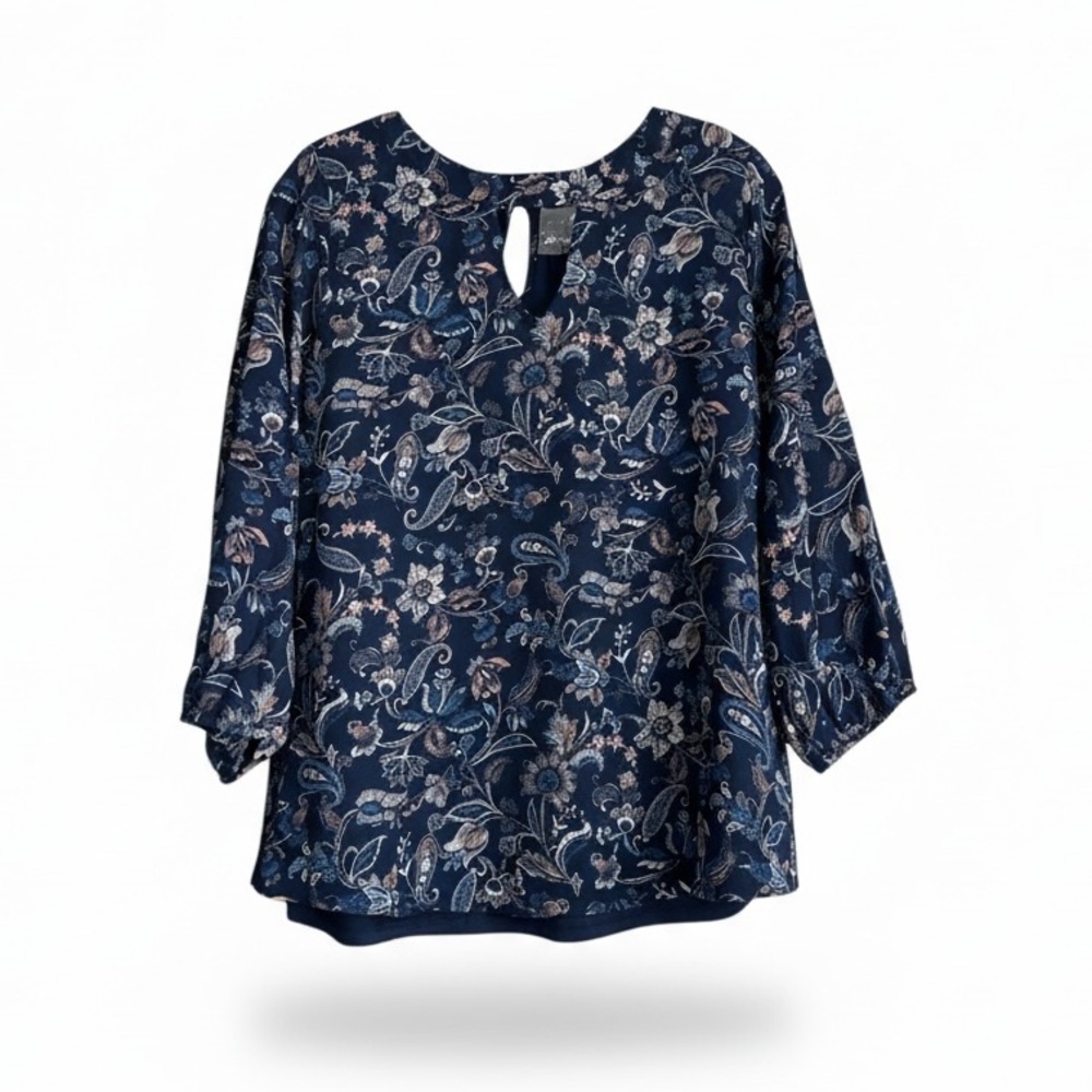 Papermoon‎ Filippa Blouse Womens Size S Blue Floral Mixed Media 3/4 Sleeve NWT